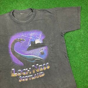 Vintage‎ Loch Ness Monster Shirt Mens L Black Purple Scotland Big Print Y2K Tee